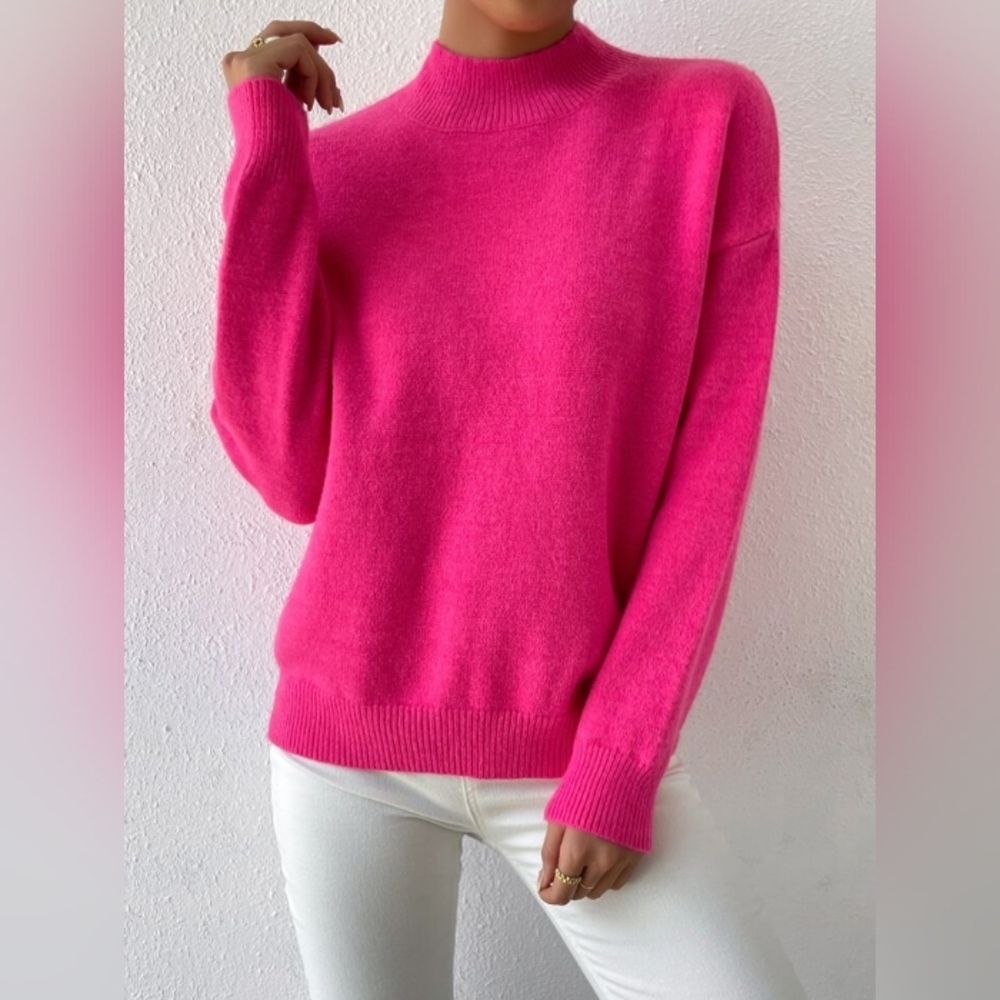 Shein Sweater Mock Neck Vbrant Barbie Pink Women's Size Large Cozy Casual Boho